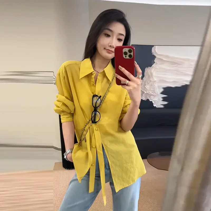 洋气减龄时尚POLO领衬衫女款春季设计感系带开衫衬衣休闲显瘦上衣