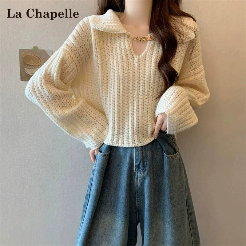 拉夏贝尔白色短款毛衣女春秋2025年新款设计感宽松长袖针织衫上衣