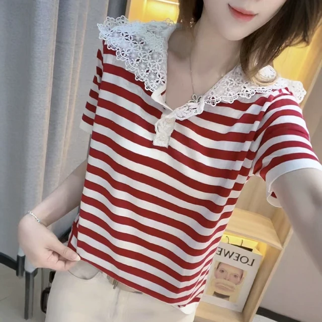 法式蕾丝拼接连帽短袖针织衫女士2025年夏季新款高级宽松显瘦上衣