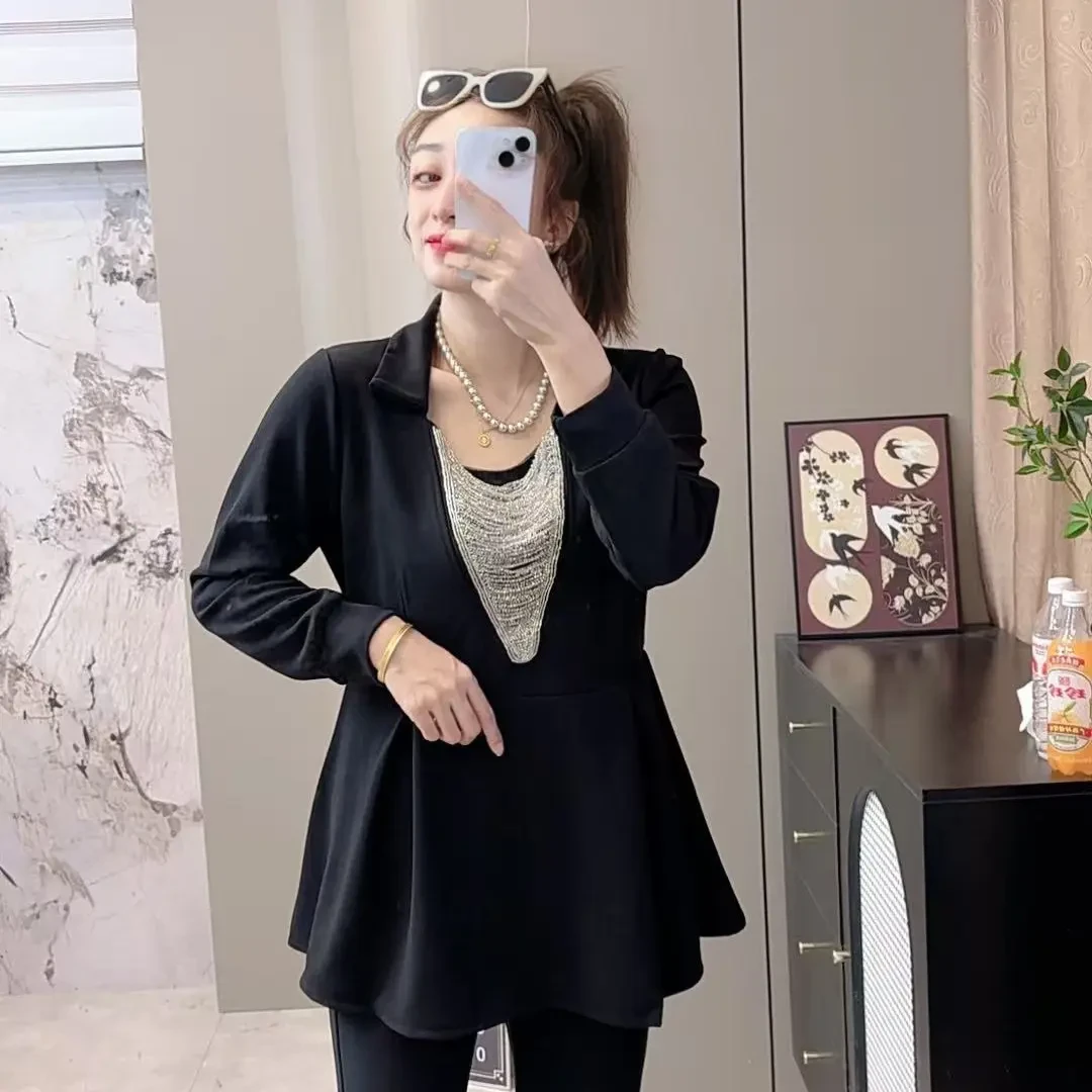 大码时尚气质女神范衬衫女秋冬胖mm显瘦高级感打底衫V领上衣8143