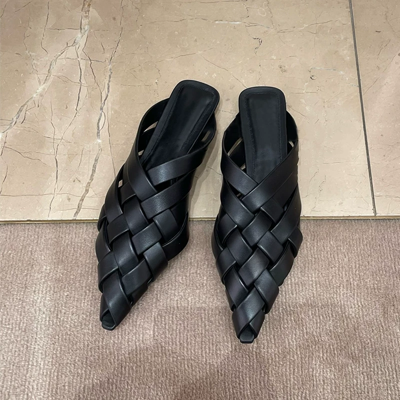 2025新款夏季真皮百搭简约尖头编织平底凉拖鞋穆勒鞋包头半拖凉鞋