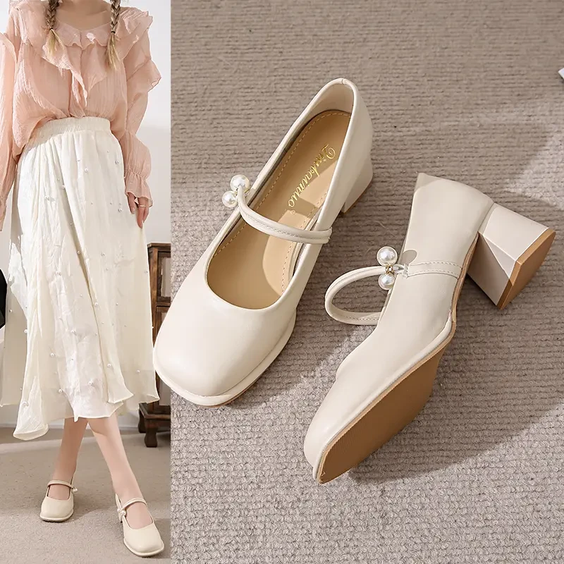 法式玛丽珍鞋女2025年春夏新款百搭浅口高跟鞋白色粗跟气质女单鞋