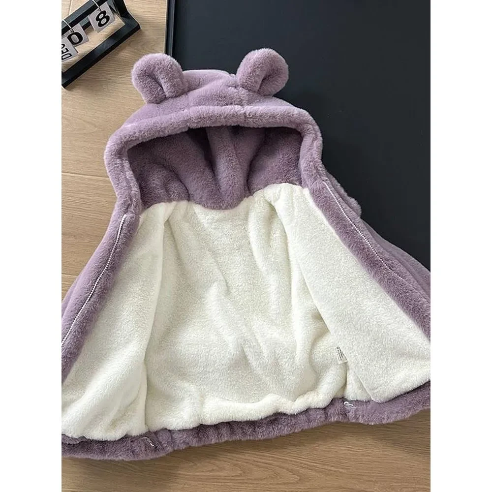 女童宝宝冬季连帽毛毛保暖外套彷皮草加绒加厚可爱儿童彷童装