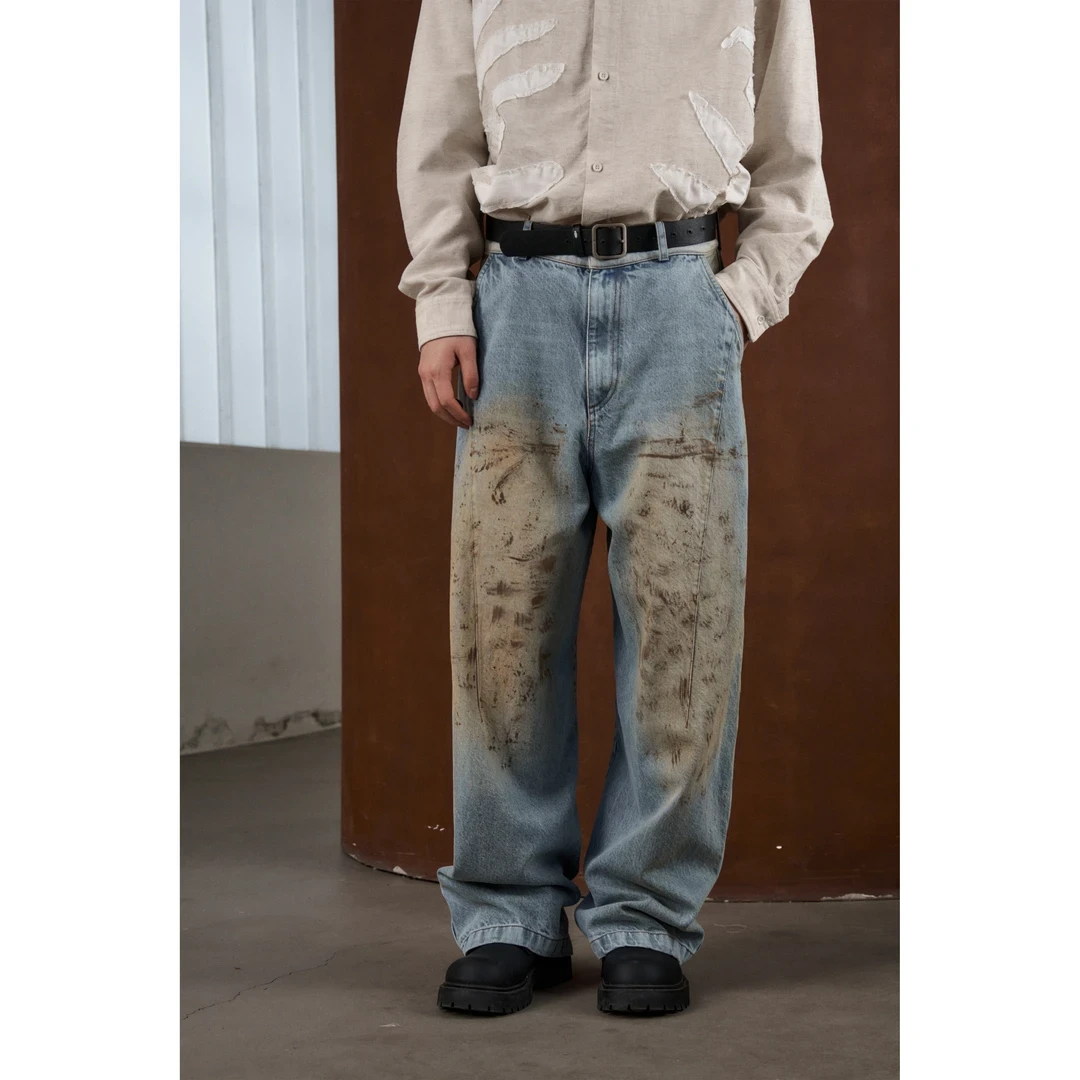 Hank-dye 02脏脏果冻百搭复古高街宽松感做旧男美式牛仔裤子