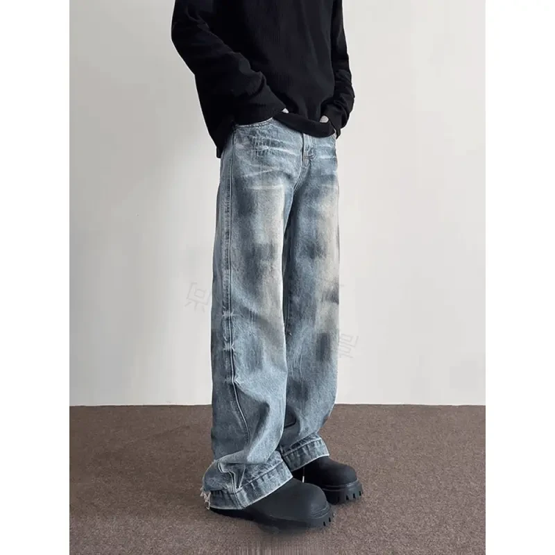美式高街vibe泼墨牛仔裤男生2025新款设计感潮牌宽松水洗2025