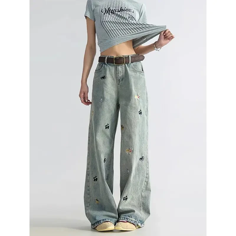 浅蓝色小狗卡通刺绣牛仔裤男款潮牌直筒美式ins风裤子直筒阔腿裤