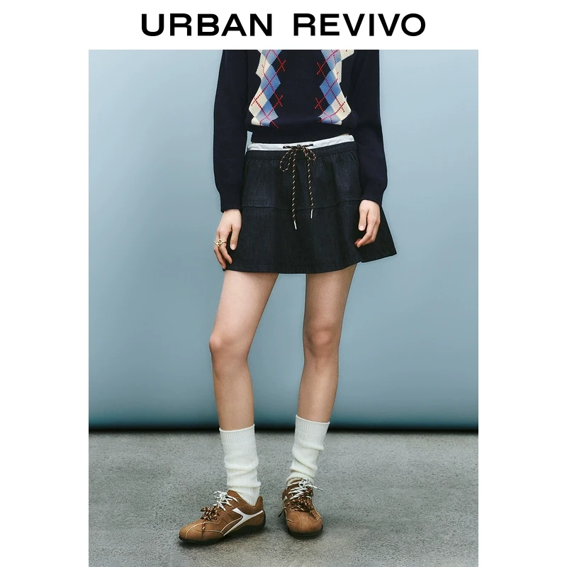 UR2025春季新品女装欧若风撞色拼接松紧腰抽绳牛仔半裙UYU850010