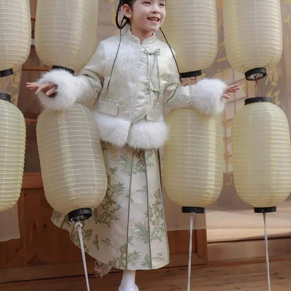 儿童新中式国风提花刺绣冬季宽松短款棉服外套加厚拜年服套装