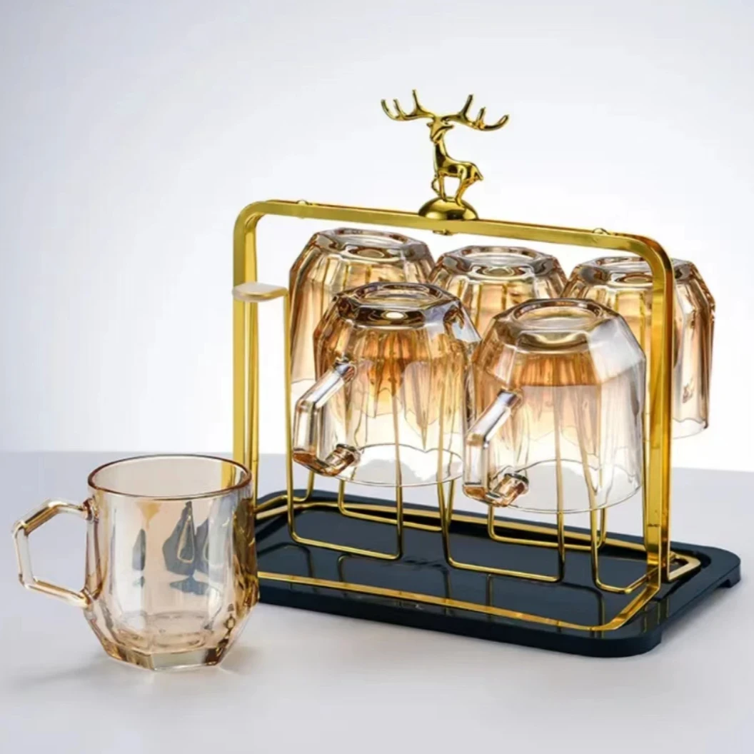 新【带杯托杯架】北欧钻石玻璃杯水杯套装待客茶杯家用带把水杯花器