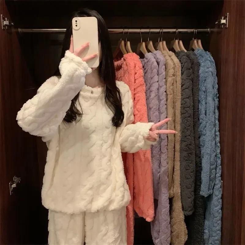 情侣款睡衣女冬加绒珊瑚绒裤子加厚保暖休闲套装冬季外穿家居服