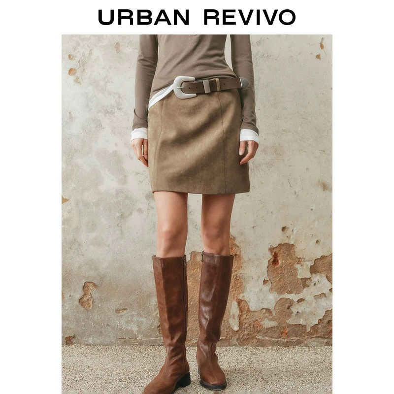UR2025春季新款女装欧若风复古雅丹风腰带撞色短款半裙UWH550004