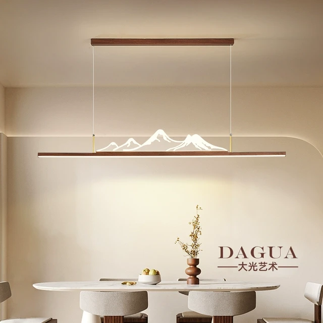 餐厅吊灯led新中式书房茶室山水茶桌灯木纹中古风禅意长条餐桌灯