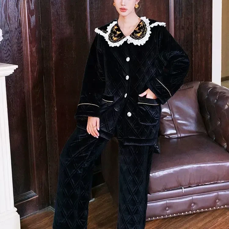 原创丝绒刺绣撞色三层加厚夹棉宽松加绒冬季睡衣