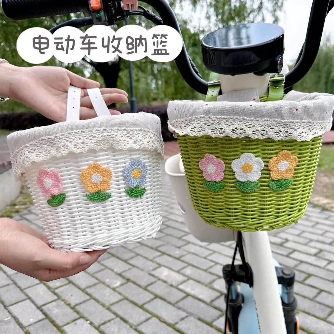 小清新花朵电动车收纳大容量编织车筐可爱自行车前后通用置物篮s