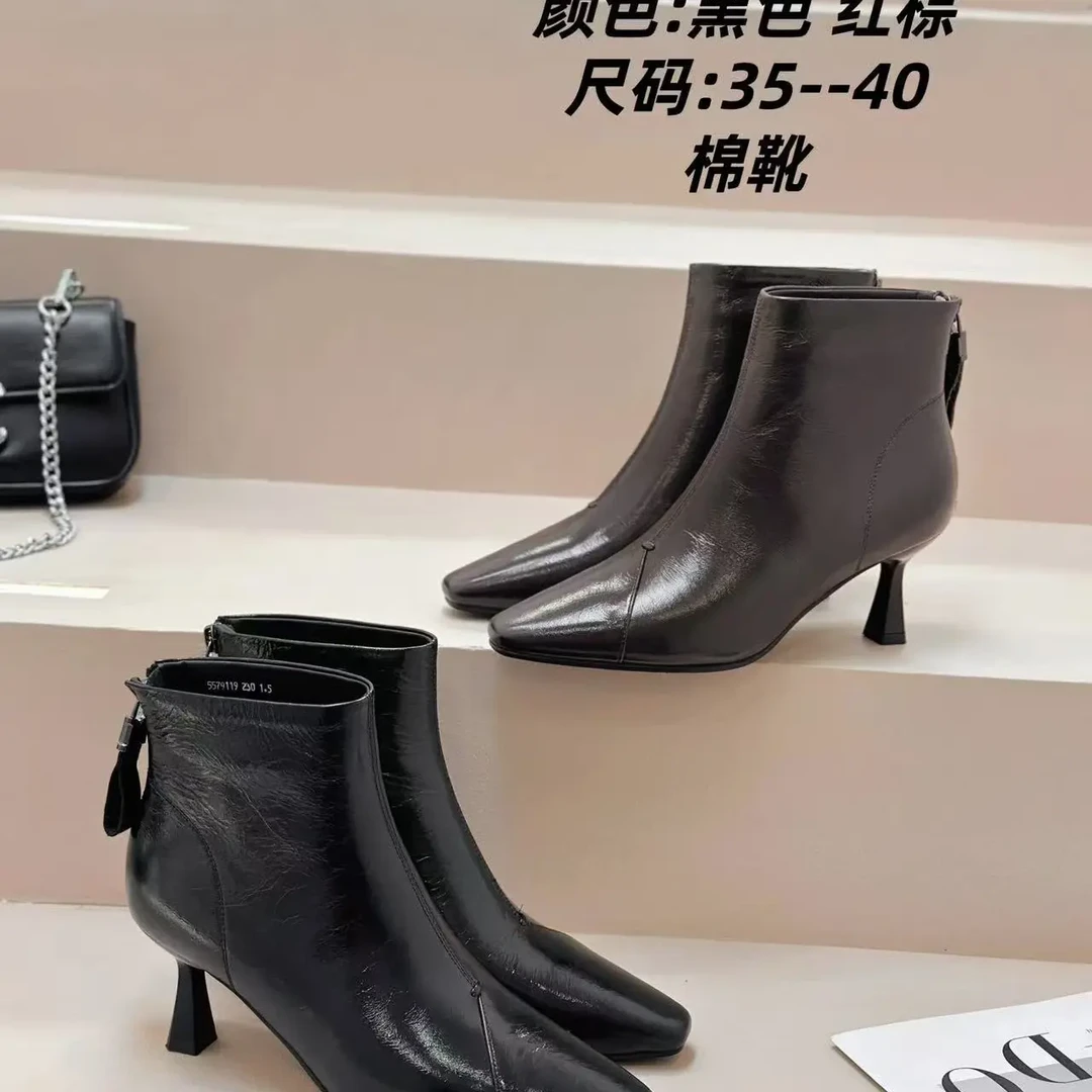 新款高品质头层牛皮加绒细跟尖头百搭短靴