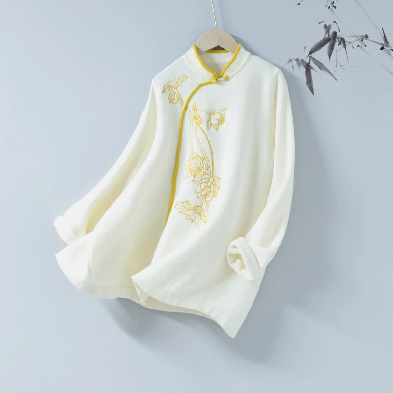 墨下初心【风吹荷】复古中国风撞色元素毛针织衫立领茶服上衣女