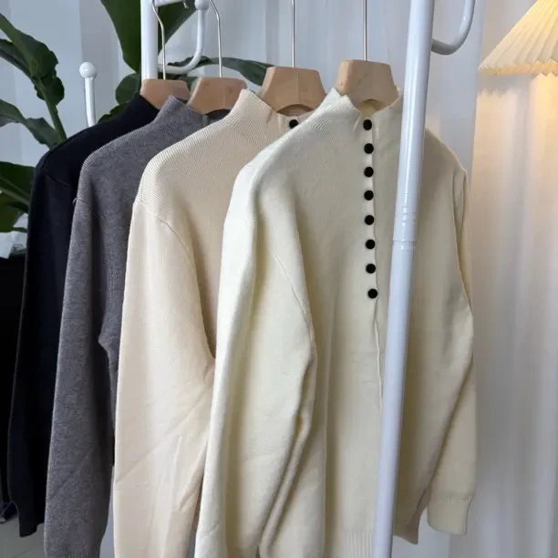 高领半纽扣长袖针织翻领毛衣时尚洋气显瘦休闲百搭秋冬季