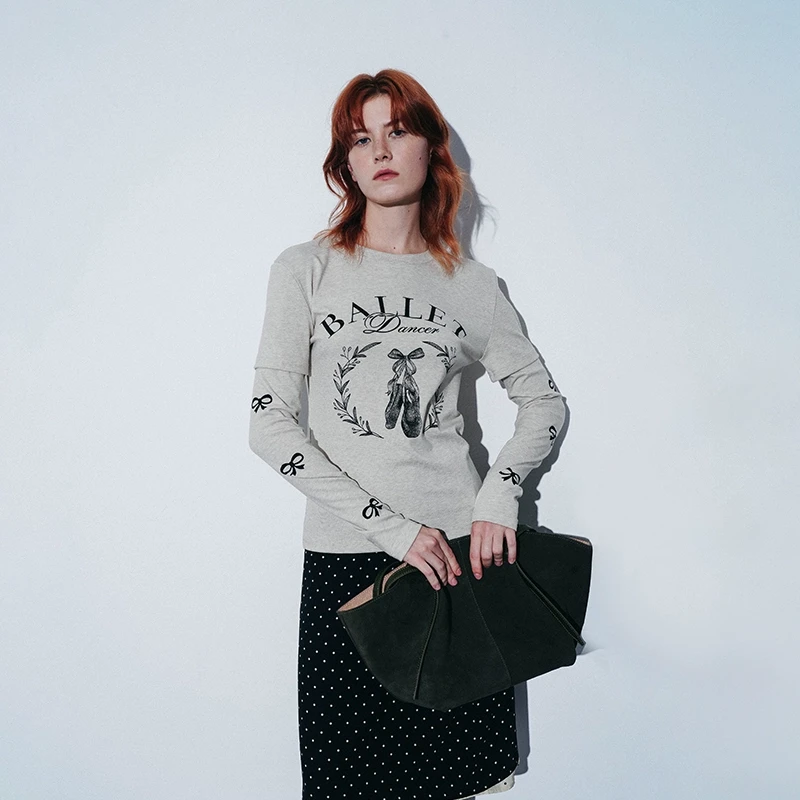 LABERTHREE X THE ENES春季B入蝴蝶结芭蕾舞鞋印花假两件长袖T恤