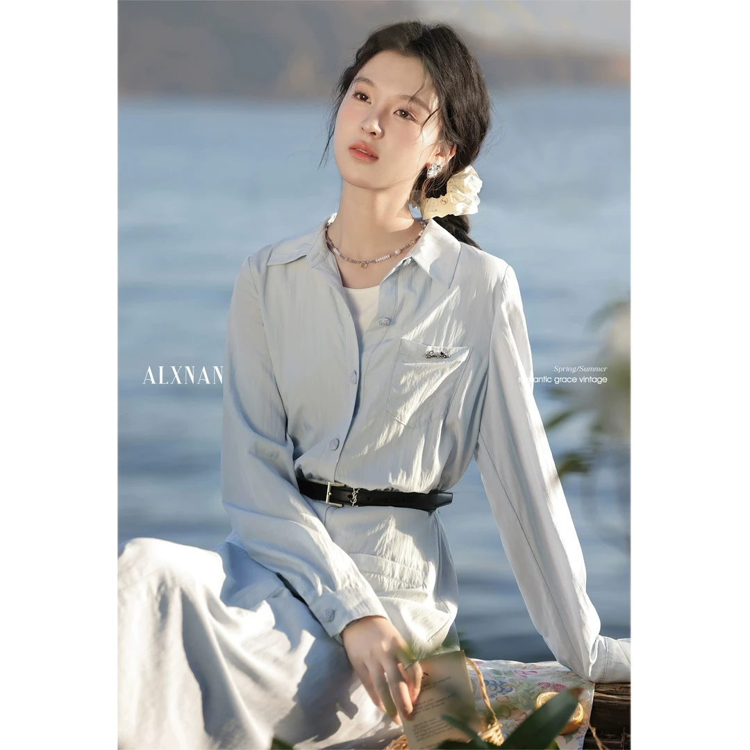 【粉丝福利】鹿向南「冰清蔚蓝」通勤翻领连衣裙新款女显瘦裙子L53128