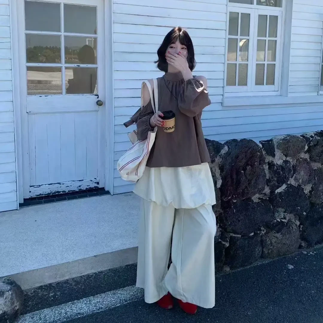 奶咖色黑色漏肩立领背心飘带减龄小上衣