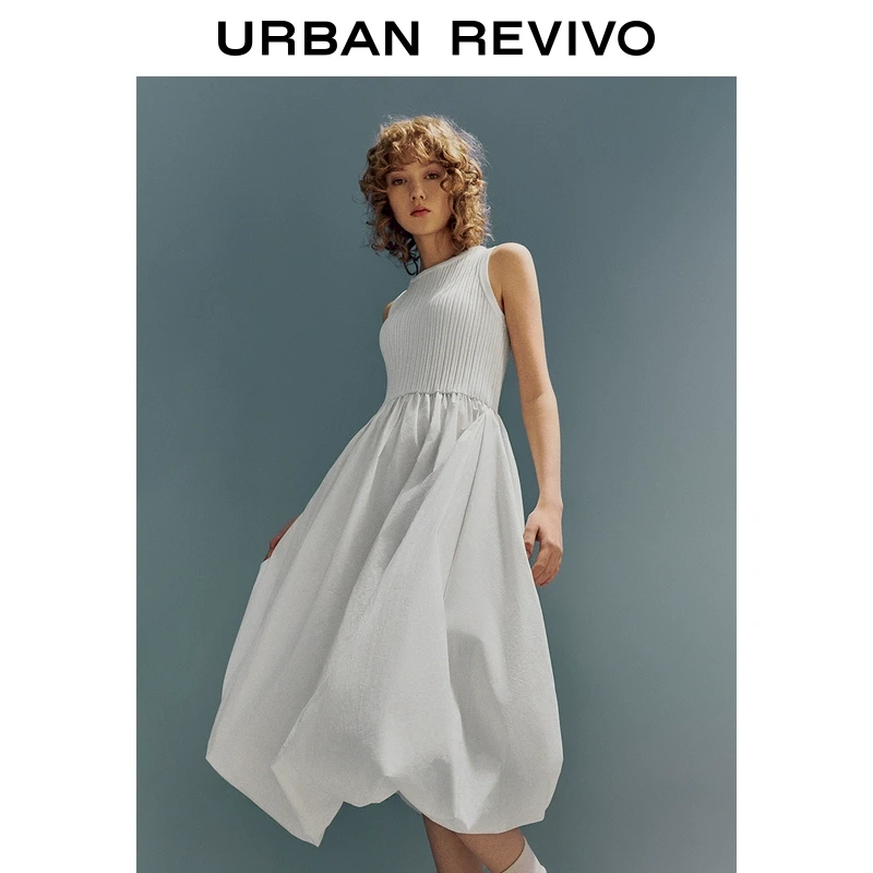 UR2025春季新品女装欧若风法式拼接无袖花苞针织连衣裙UYU950073