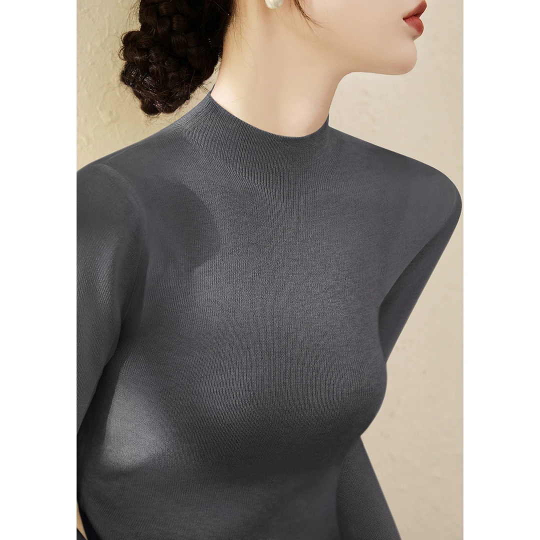 2025春季新款深灰色修身内搭打底衫长袖针织上衣气质半高领毛衣女