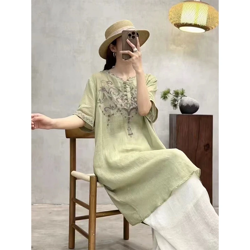 复古苎麻内里包边刺绣圆领短袖连衣裙女夏文艺大码显瘦气质中裙