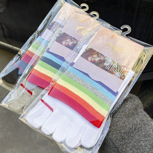 彩虹五指袜条纹彩色清新五指脚趾袜棉袜吸汗中筒女士春秋冬百搭5