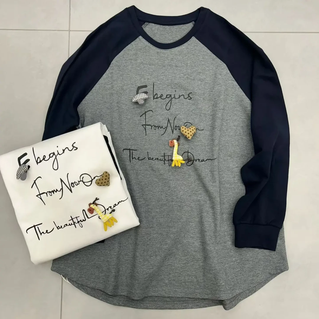 韩版时尚拼接印花长袖T恤女春秋休闲宽松显瘦百搭上衣