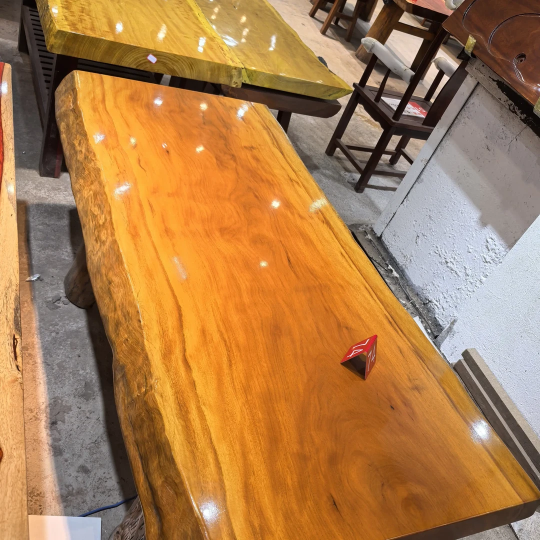 圆盘豆实木大板桌原木整切无拼接茶桌餐桌办公