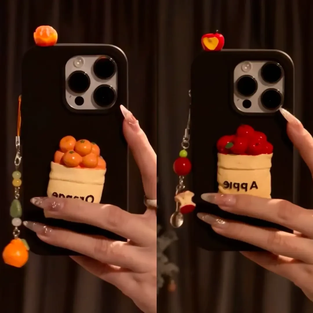 适用新款橘子苹果挂件iPhone16promax苹果13/15手机壳14立体11女