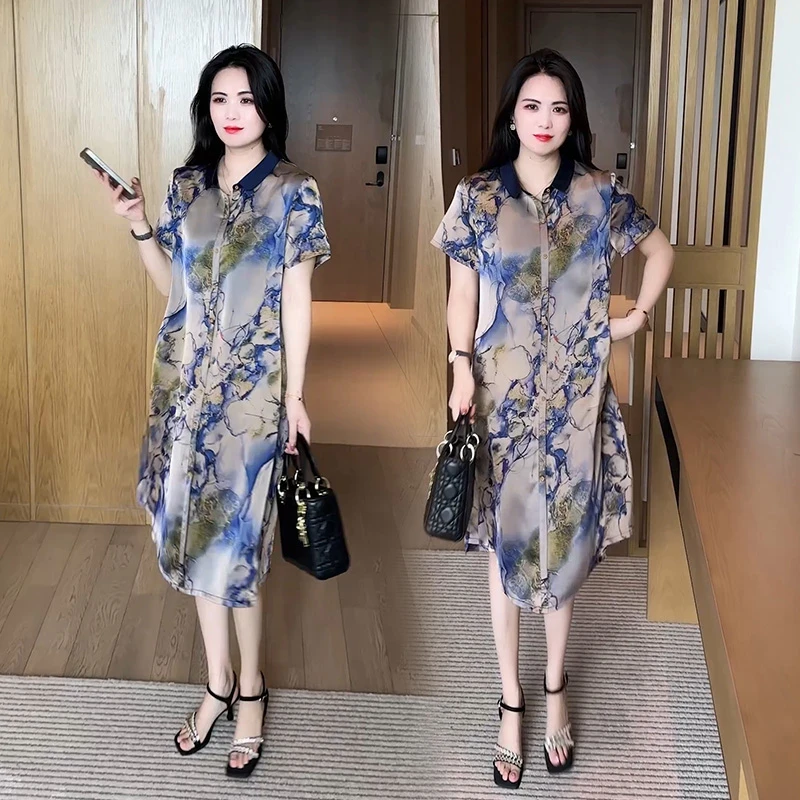 妈妈短袖气质印花连衣裙2025夏季新款大码显瘦中长款洋气衬衫裙子