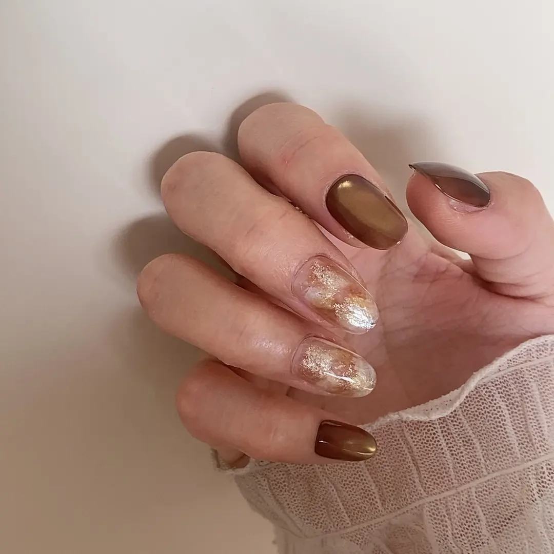 金棕醋酸肌理晕染纯手工秋冬爆闪可拆卸小众气质红显白穿戴甲片