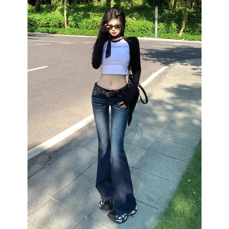 大码美式复古猫须微喇牛仔裤女2025夏季新款低腰显瘦马蹄拖地裤子