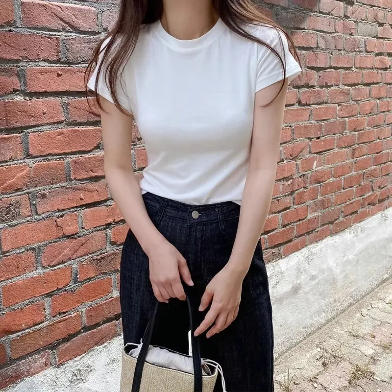 高腰辣妹显瘦正肩短袖白色T恤女夏季美式复古韩版百搭修身上衣潮