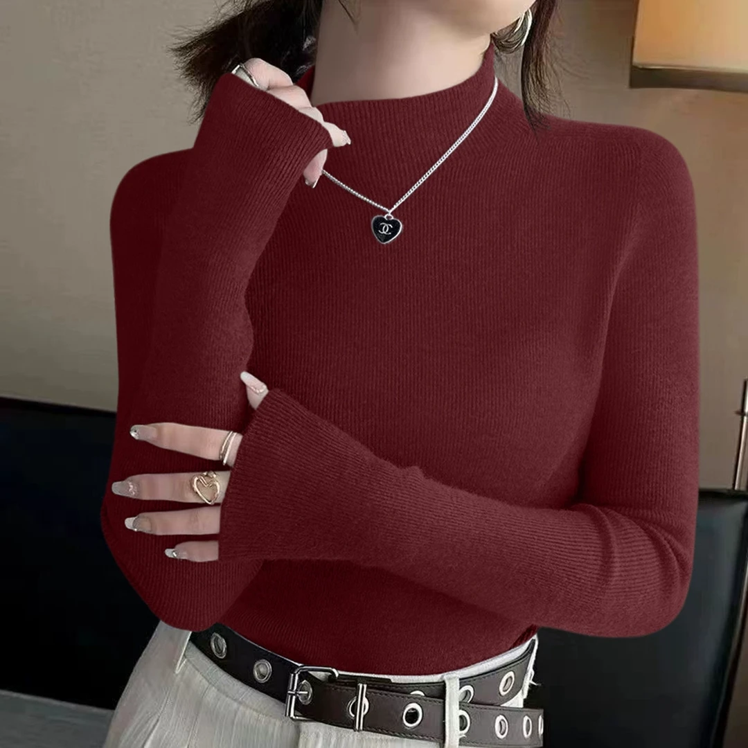 安哥拉红修身长袖针织衫气质内搭打底上衣春季新款女装半高领毛衣