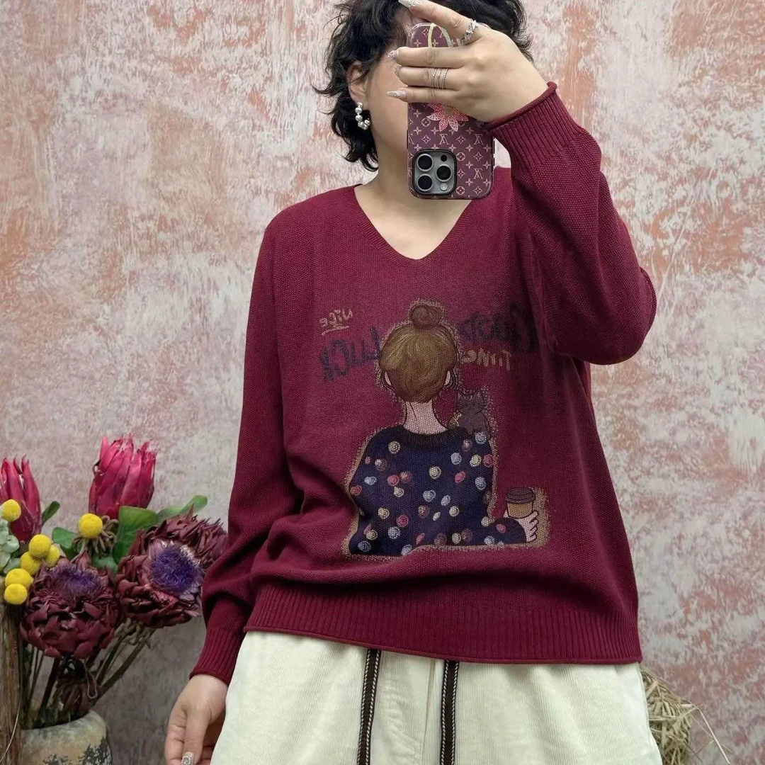 针织提花长袖秋季V领毛针织衫圆领冬季百搭女衫