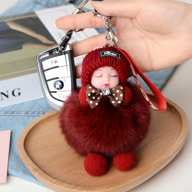 狐狸毛睡眠娃娃包包挂件饰品可爱毛绒球睡梦公主创意汽车钥匙扣