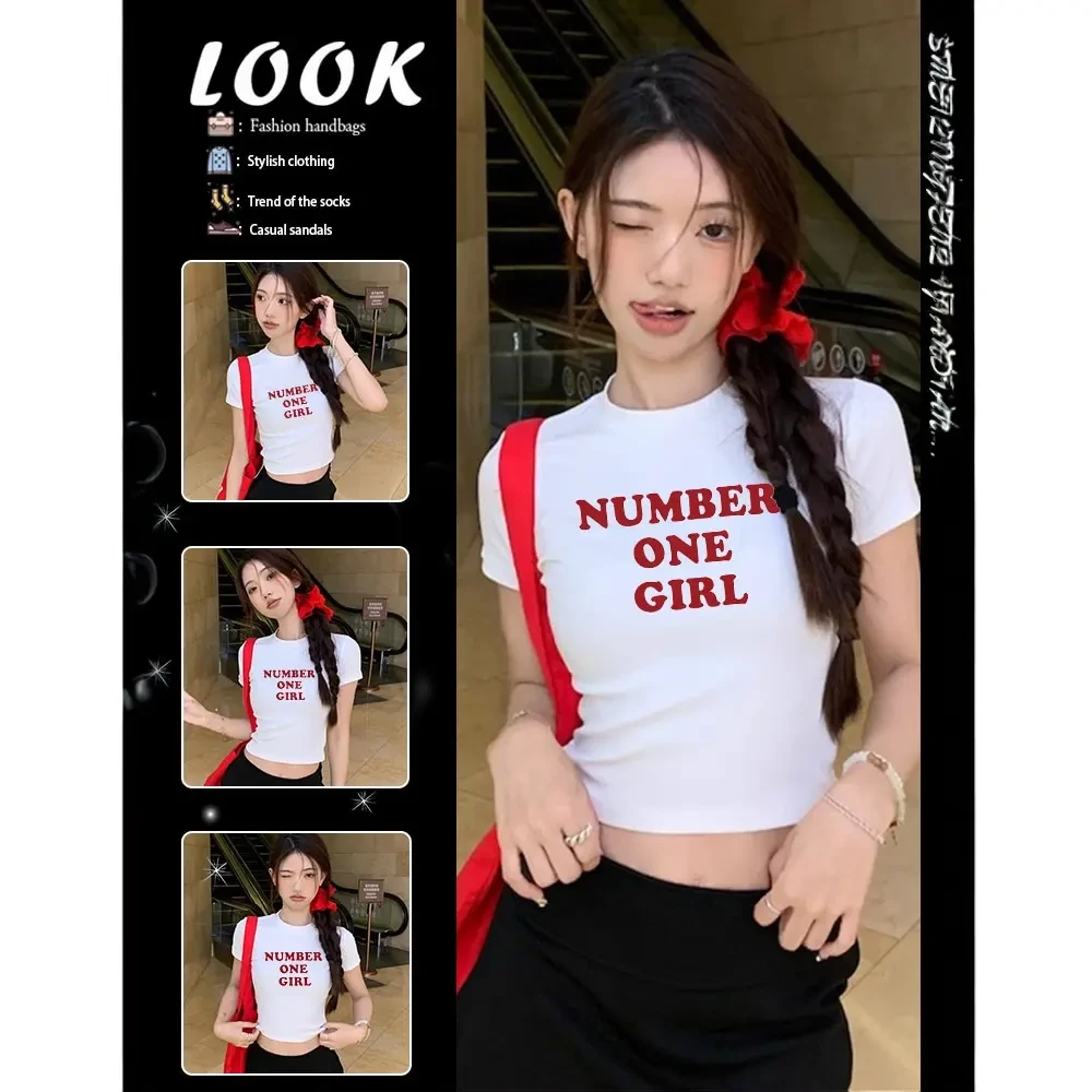 美式字母正肩女t恤女夏季2025新款白色修身短款短袖印花洋气上衣