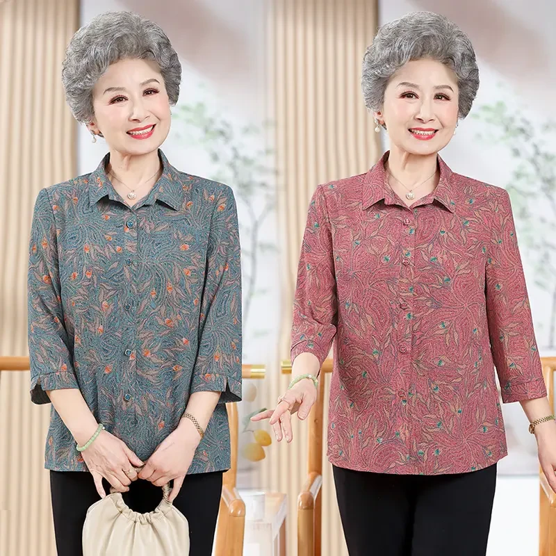 老年人奶奶装夏装衬衫老太太衣服80岁70妈妈装春夏翻领七分袖上衣