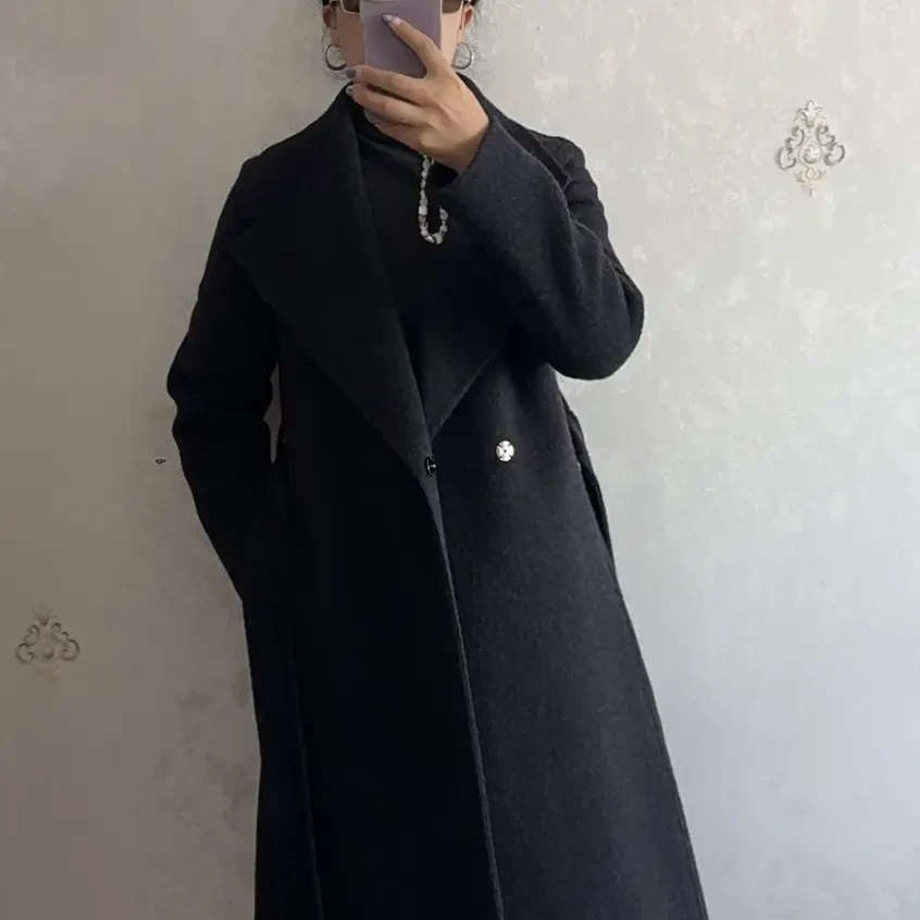 苏力羊驼毛与澳洲绵大衣赫本风修身中长款毛呢外套