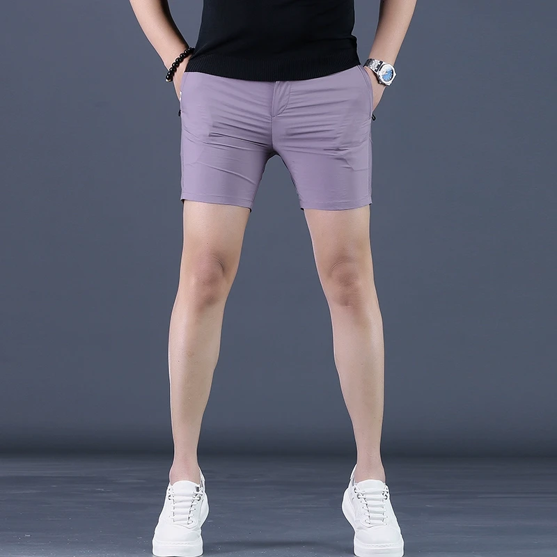 男士新款紫色短裤夏季修身休闲三分裤定制五分裤冰丝网红超短裤男