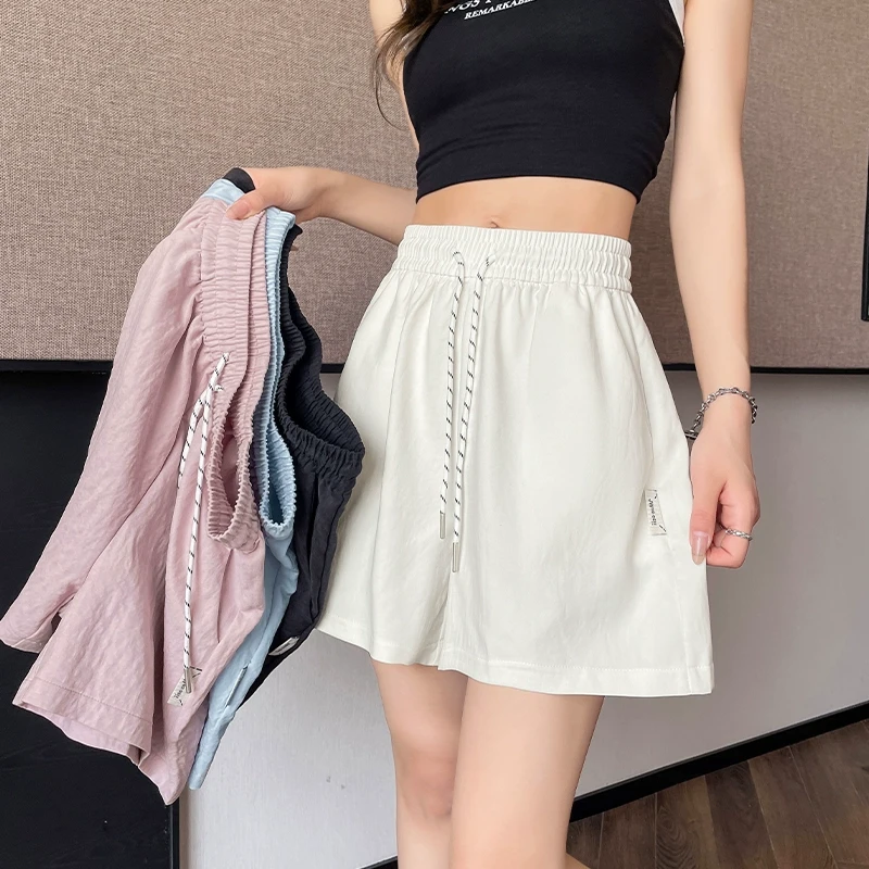 速干冰丝短裤女夏季小个子松紧腰高腰显瘦宽松休闲外穿阔腿三分裤