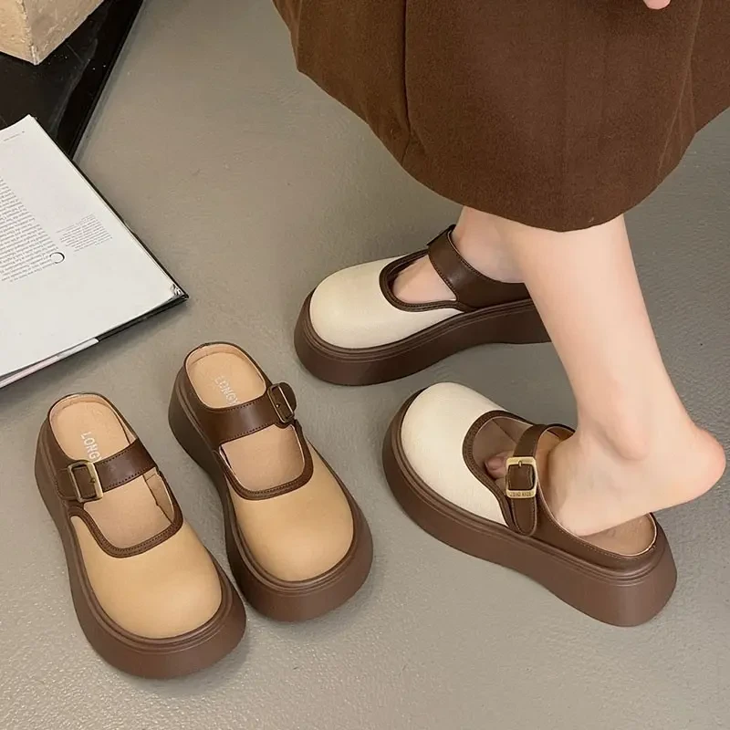 美拉德复古勃肯鞋女2025年夏季新款厚底半拖皮带扣百搭增高凉鞋潮