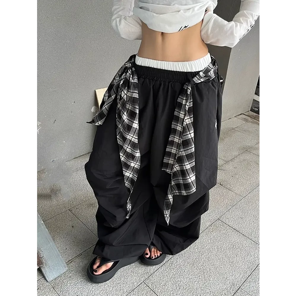 美式复古叠穿格子绑带伞兵休闲裤阔腿裤女宽松百搭阔腿拖地长裤