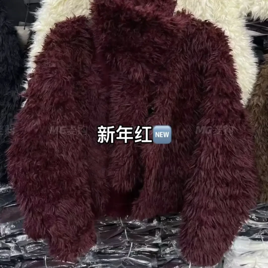 MG麦购红色系皮草毛毛短款极简风带围脖两件套加厚皮毛一体外套