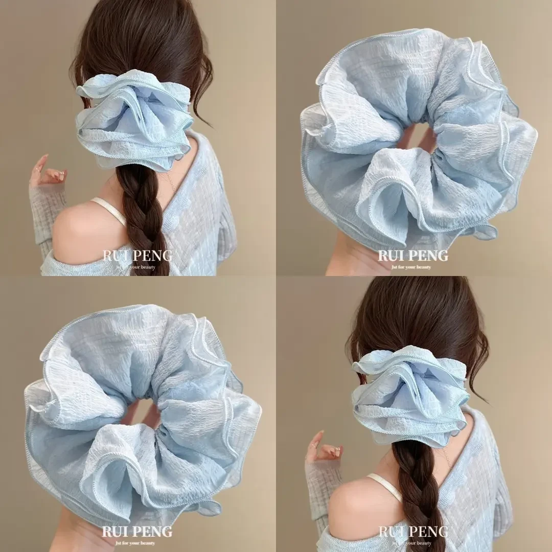 柔和浅水蓝~超大号褶皱大肠发圈韩系高级感头花丸子头绳旅行发饰