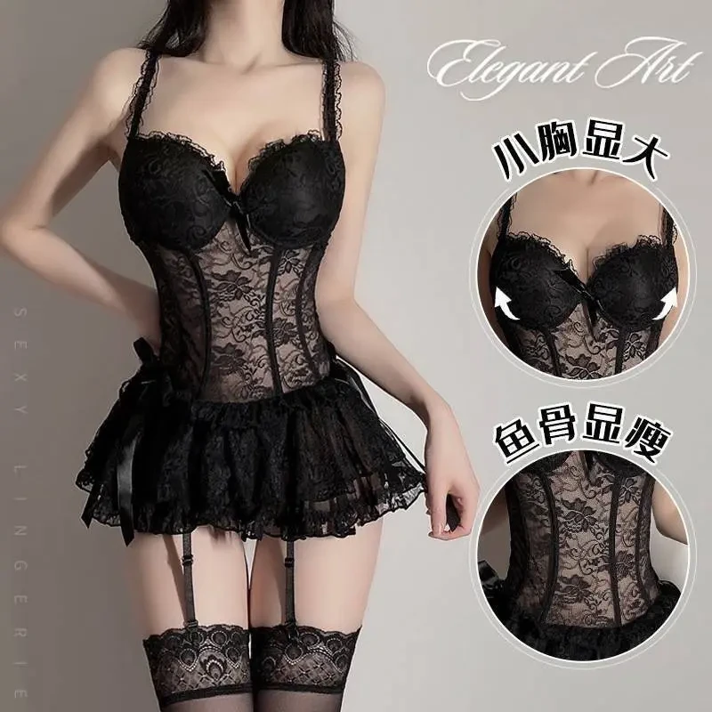 「唯美黑色」显瘦聚拢镂空塑身吊带睡裙欧美风小胸鱼骨睡裙宫廷