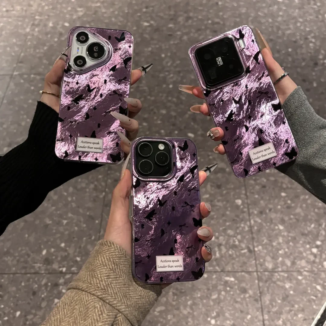 适用渐变晕染紫底小蝴蝶适用苹果16手机壳华为oppo小米vivo冰川纹