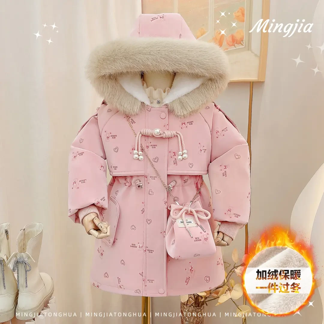 2025冬季女童服加绒加厚收腰显瘦连帽皮外套洋气中长款韩版冬款